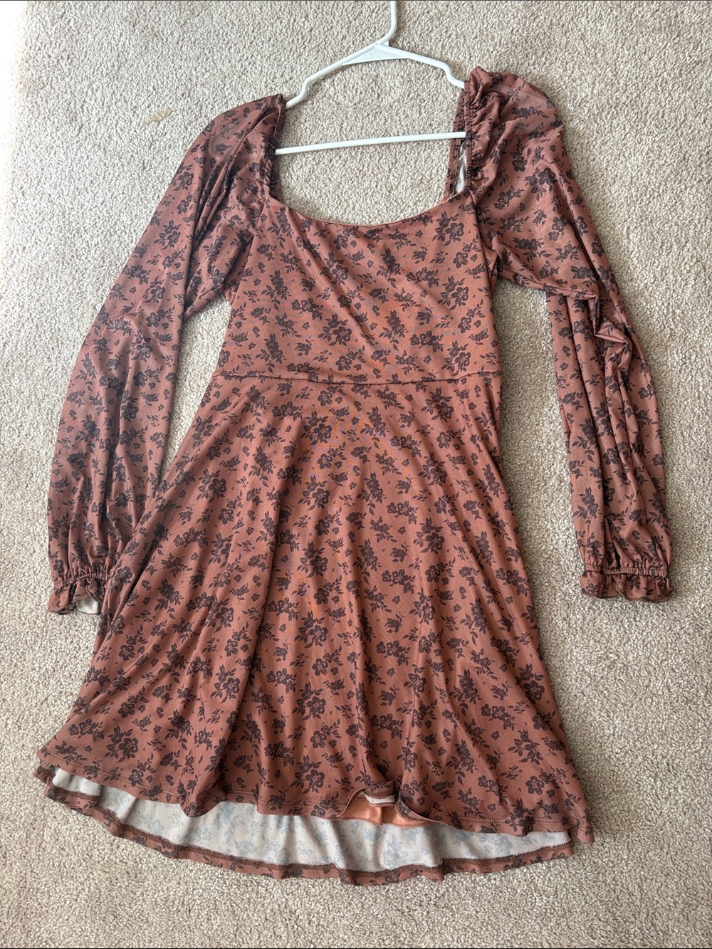 Square-Neck Long Sleeve Floral Dress in Rust